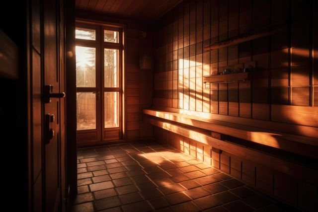Interior of wooden sauna with big window and sunlight, created using generative ai technology. Sauna, relaxation and self care concept digitally generated image.