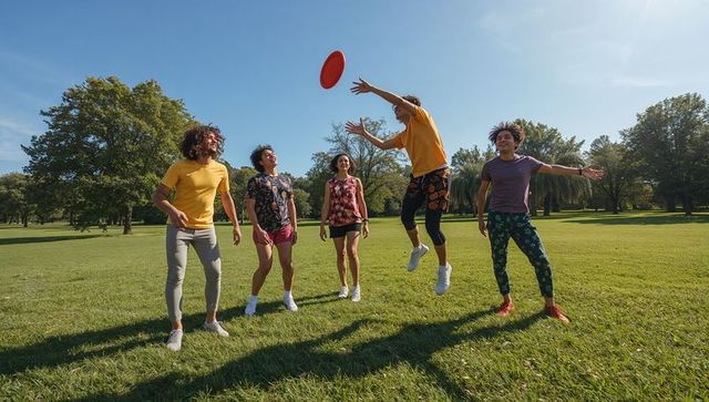 Group of friends jumping and tossing flying disc on sunny park lawn playing casual frisbee