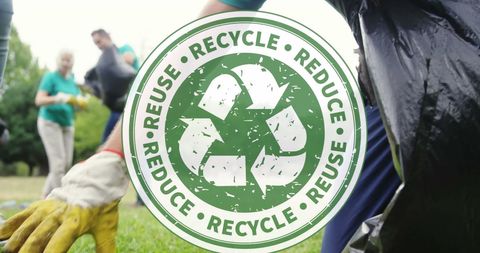 Volunteers Cleaning Park with Recycling Logo Overlay