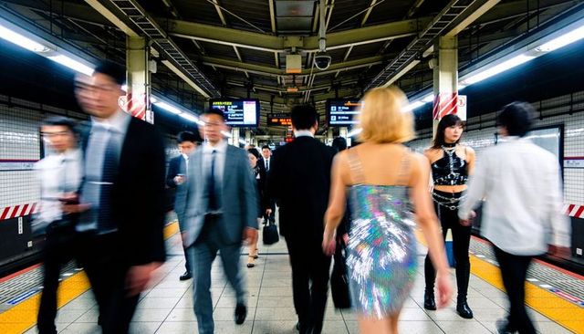 Blonde woman walking in sequin dress through subway platform with commuters and motion blur