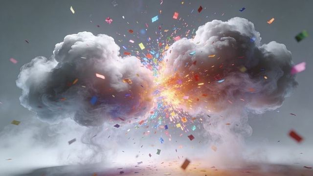 Colliding clouds creating radiant explosion of colorful confetti and luminous particles