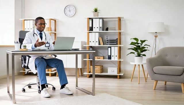 African american doctor consulting via laptop in modern sunlit clinic telemedicine visit