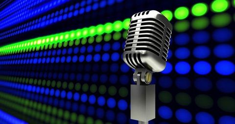 Vintage microphone and vibrant colorful soundwaves