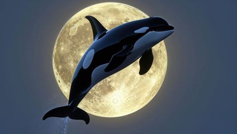Orca whale breaching at night with glowing full moon