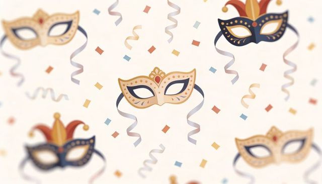 Elegant venetian masquerade mask pattern with gold ornament, ribbons and pastel confetti seamless