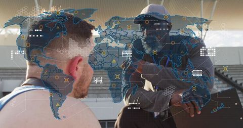 Coach mentoring athlete on stadium bleachers with global data overlay and strategy planning