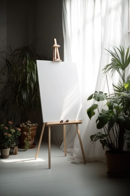 Blank canvas on easel by window in room with plants, created using generative ai technology. Art, possibility, inspiration and creativity, copy space concept digitally generated image.