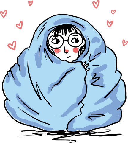 Cartoon character snuggling in blue blanket with hearts transparent