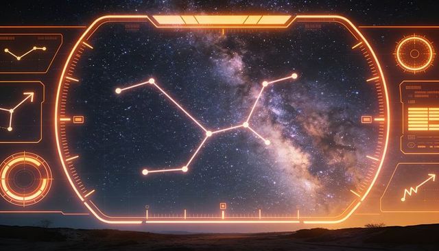 Futuristic orange holographic hud framing milky way over desert horizon with constellation nodes