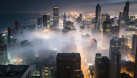 Glowing foggy downtown skyline illuminating grid of night streets and harbor lights