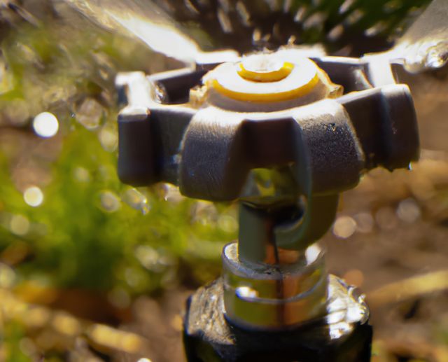 Vibrant scene of a garden sprinkler in action, perfect for promoting irrigation systems, gardening products, summer outdoor activities, and eco-friendly landscaping solutions. This image emphasizes the intricate details of modern watering equipment, highlighting efficiency and innovation in garden maintenance.