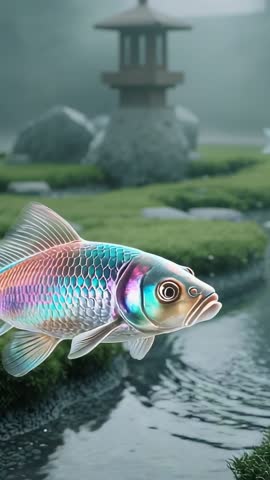 Swimming iridescent koi gliding across misty Japanese garden pond vertical video
