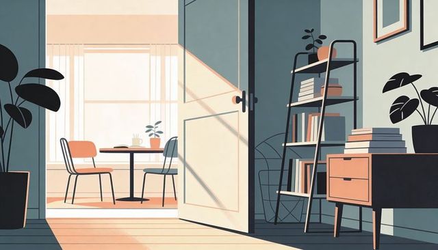 Sunlit midcentury dining nook revealing open paneled door, warm minimalist interior