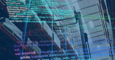 Warehouse Tech Fusion: Industrial Pallet Racking Overlaid with Code for Smart Logistics