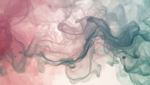 Flowing Translucent Teal and Pink Ink Swirls Creating Ethereal Gradient Ribbon Curves