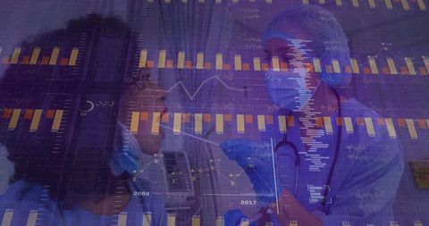 Healthcare team analyzing patient care with clinical data overlays, analytics visualization