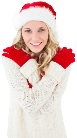 Cheerful Woman Wearing Santa Hat on Transparent Background