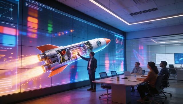 Leader presenting rocket engine cross section on multi-panel display to engineering team