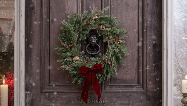 Rustic winter wreath hanging on wooden door with lion-head knocker and velvet bow