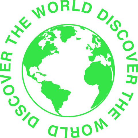 Green globe illustration with discover the world text