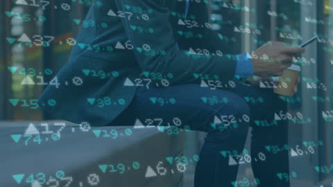 Businessman Using Smartphone Amidst Financial Data Overlay