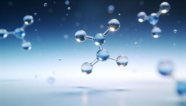Floating glass molecule cluster over glossy gradient surface with crystalline droplets