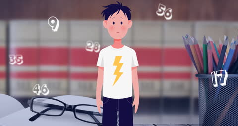 Animated Schoolboy Surrounded by Floating Numbers in Academic Setting