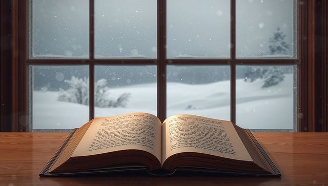 Open vintage book soaking warm light by frosted window with falling snow outside