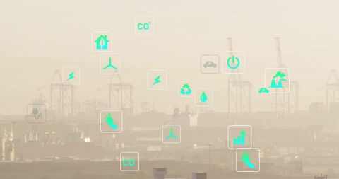 green eco icons overlaying cityscape for sustainable environments - Download Free Stock Images Pikwizard.com