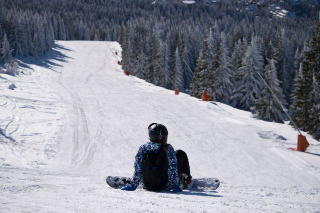 Person with snowboard and backpack sits on snowy slope, surrounded by snow-covered pines and clear blue sky. Perfect for winter sports promotions, travel blogs, adventure, and outdoor recreation content.