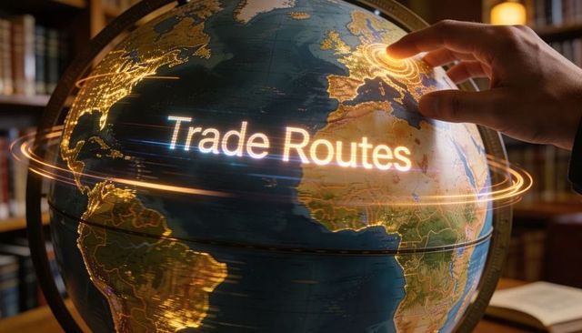 Hand tracing illuminated global trade routes on desktop globe with golden network trails