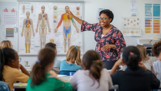 Teacher Explaining Human Anatomy in Lively School Classroom Setting