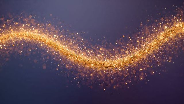 Sinuous golden light trail with glitter bokeh across purple backdrop for luxury design