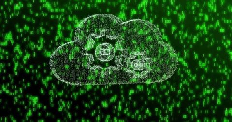 Neon cloud computing concept with gears and falling binary code powering digital systems