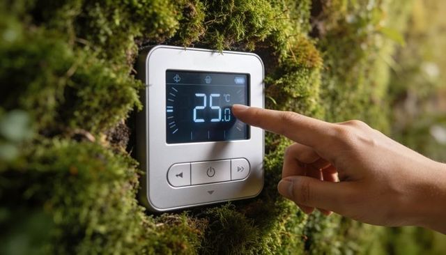 Hand pressing smart thermostat on living moss wall showing 25°c for eco climate control