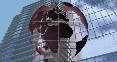Spinning Globe Overlaid on Modern Skyscrapers