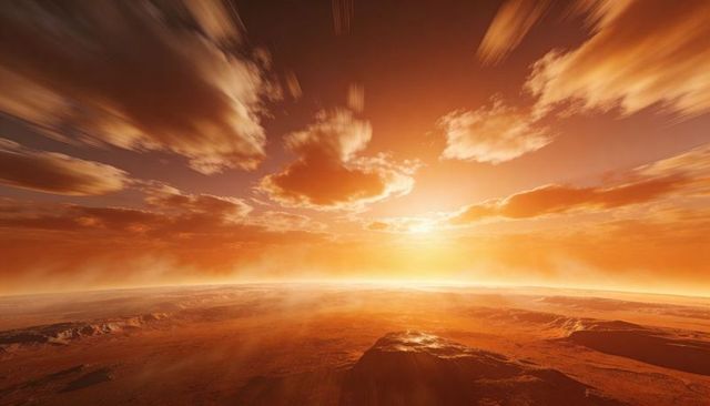 Orange alien sunset over cratered plateau with dust haze and dramatic cloud streaks