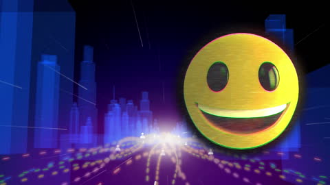 Digital Cityscape with Glowing Emoji Icon