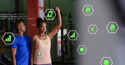 Personal Trainer Assisting Woman Stretching Arm with Fitness Analytics Overlay in Gym