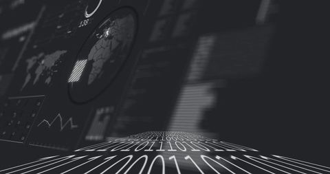 Curving binary stream crossing futuristic data analytics dashboard, glowing globe and charts