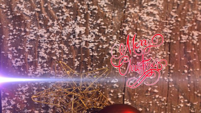 This image showcases a merry Christmas greeting with twinkling lights over traditional holiday decorations. Snowfall enhances the festive atmosphere, making it perfect for seasonal greeting cards, festive marketing materials, or as a captivating element in digital holiday advertisements.