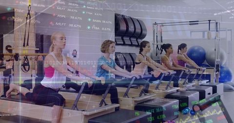 Women Practicing Pilates in Studio with Financial Overlay