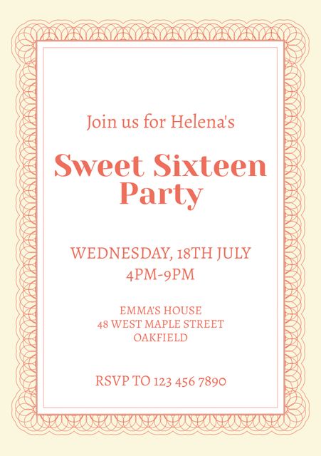This Sweet Sixteen invitation features an ornate design ideal for a stylish birthday celebration. Includes key details such as date, time, location, and RSVP information. Suitable for organizing an upscale and memorable event. Perfect for both formal and casual themed parties.
