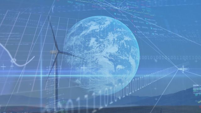 This blend of digital financial data with a wind turbine and globe conveys themes of global finance, eco-friendly energy solutions, and sustainable development. Useful for illustrating concepts related to environmental conservation, sustainable investing, renewable resources, and the future of global economics. Suitable for articles, presentations, and educational material discussing the integration of ecological energy sources in modern finance.