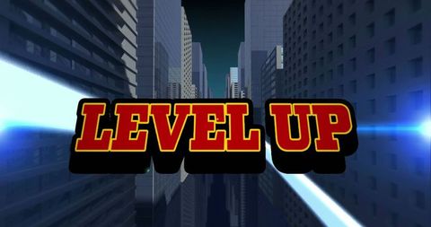 Retro 'Level Up' Text in Futuristic Cityscape