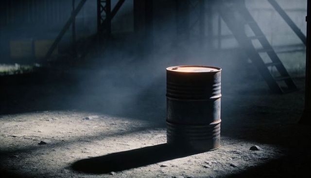 Rusted industrial drum casting long shadow under spotlight in abandoned warehouse interior