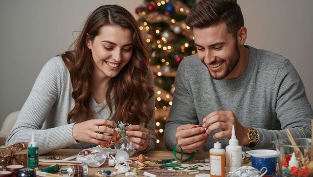 Couple crafting holiday ornaments in cozy knit sweaters, twinkling christmas tree lights