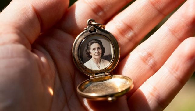 Hand holding vintage brass locket with sepia portrait revealing heirloom nostalgia