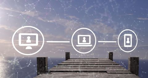 Digital network connection over rustic wooden jetty