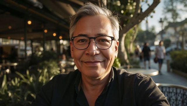 Sunlit hispanic senior man wearing glasses smiling at street cafe patio in golden hour